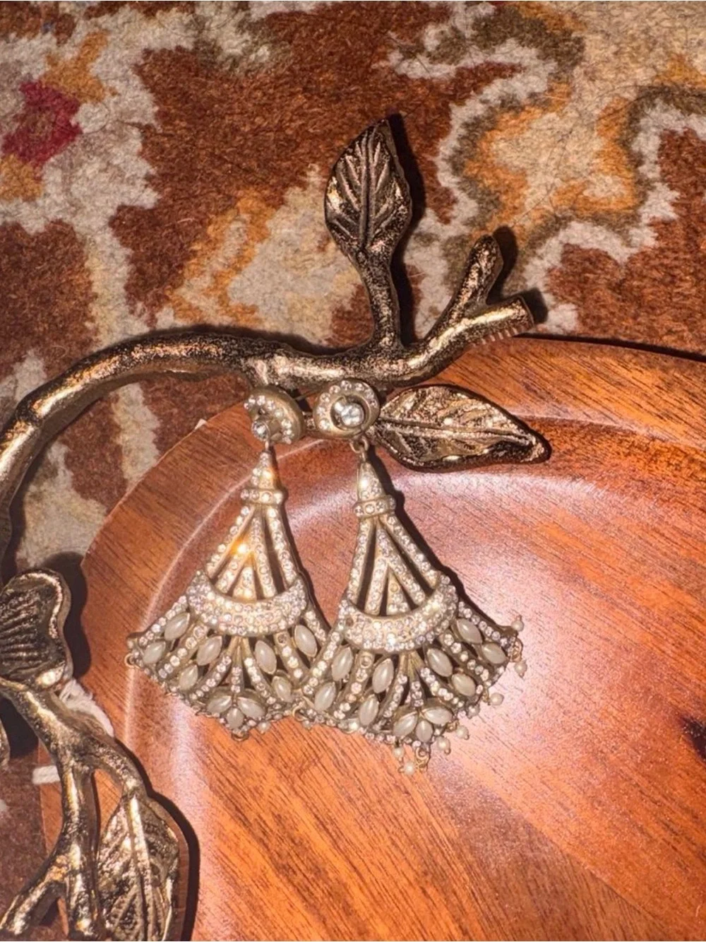 Elegant Gold-Tone Pearl & Crystal Chandelier Earrings